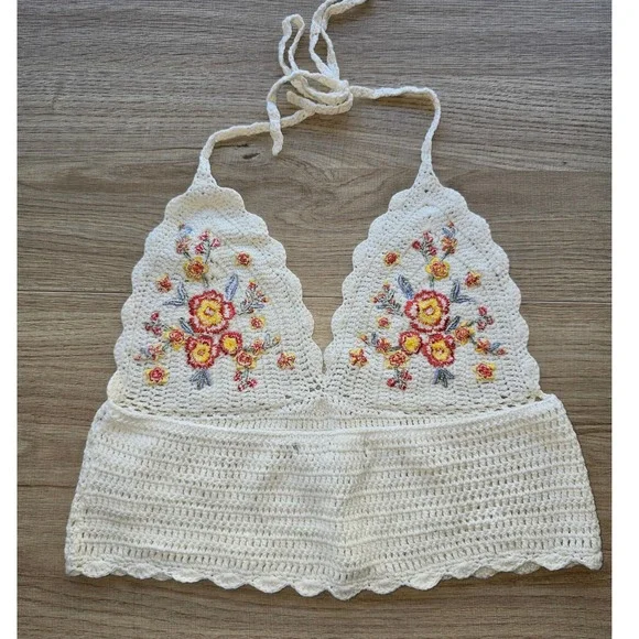 Women's Crochet Halter Bralette Top Size S Ivory Floral Embroidered Boho - Picture 2 of 7
